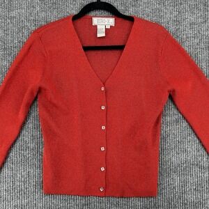 Y2K Red Silk Cardigan Womens Medium Fitted Button Front Lightweight